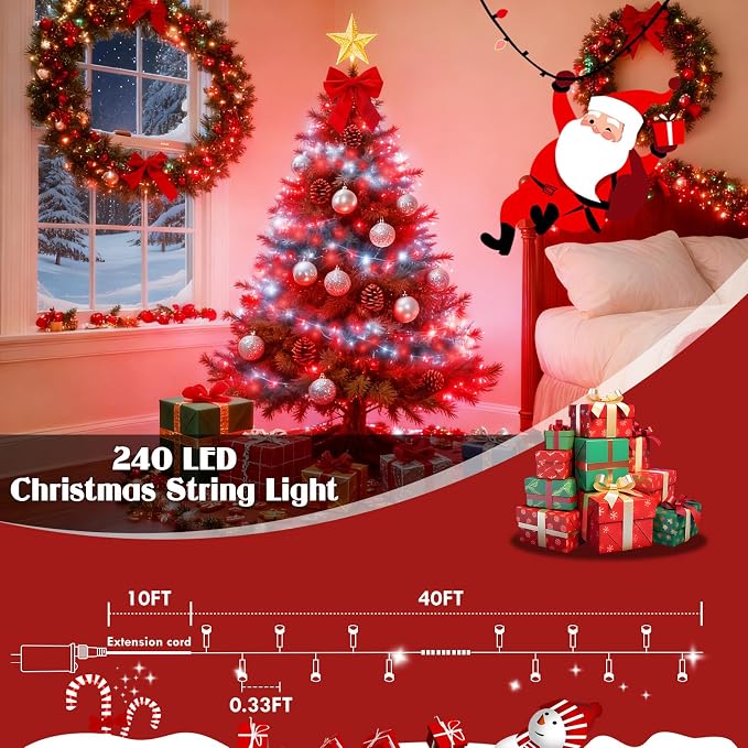 88FT 240LED Extra-Long Connectable String Lights Indoor Outdoor Clear Wire, Red&White Christmas String Lights, Plug in Twinkle Fairy Light with Timer for Wedding Patio Tree Yard Christmas Decorations