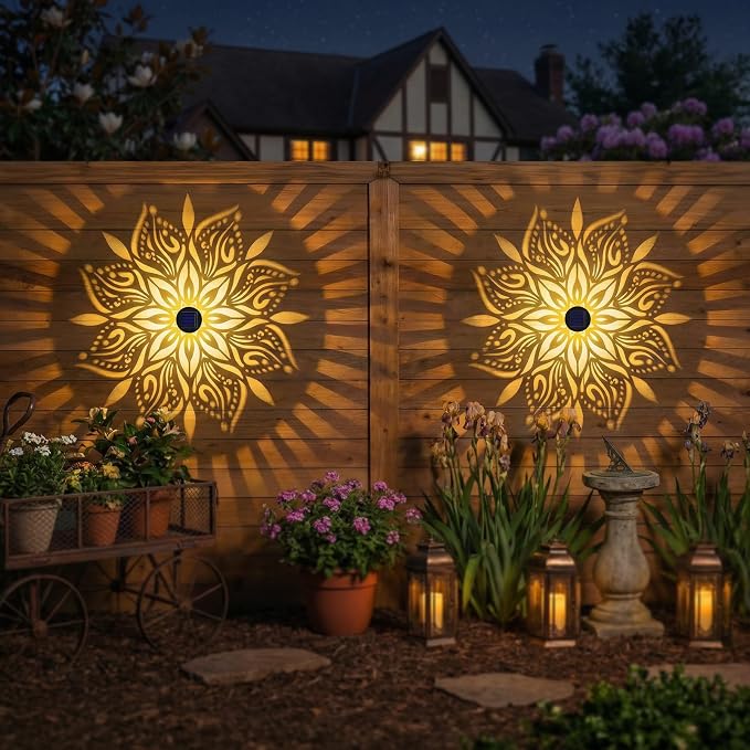 2 Pack Solar Fence Lights Metal Solar Powered Outdoor Wall Deck Step Lights Mandala Theme Waterproof Fence Light for Garden Post Patio Backyard Yard Decor, Gardening Gifts for Women Mom Grandma