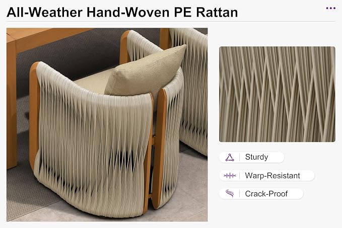 PURPLE LEAF Outdoor Dining Set for 6 with Blended Olefin Cushion Aluminum Luxury Patio Furniture Table and Chairs Set All Weather Wicker Patio Dining Sets for Backyard Garden Deck Pool, Teak