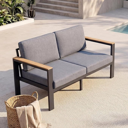 Aluminum Outdoor Patio Furniture Loveseat, All-Weather 2-Seat Patio Sofa with Rust-Resistant Frame and Water-Resistant Easy-Clean Cushions for Porch, Deck, Backyard, Gray