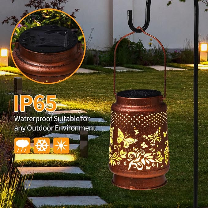 Solar Lanterns Outdoor Waterproof Butterfly Garden Decor Birthday Gifts for Women Mom Grandma, Hanging Solar Lights Metal Lantern Decoration Outside for Yard, Patio, Backyard, Porch