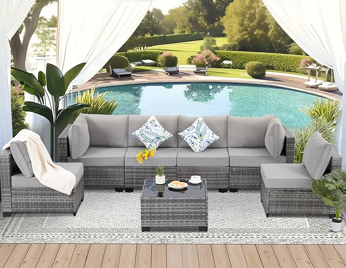 FHFO 7 Piece Outdoor Wicker Patio Furniture Set, Grey-Light Grey | Sectional Sofa | All-Weather Hand-Woven Rattan | Tempered Glass Coffee Table | Free Combination | Indoor & Outdoor Use