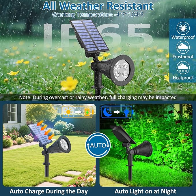T-SUNUS Green Solar Spotlights Outdoor for Trees, Adjustable LED Solar Uplights for Yard Garden Landscape, Waterproof Auto On/Off Solar Lights (2 Pack)