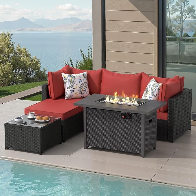 Patio Furniture Set, 6PCS Patio Sectional w/ Fire Pit Tabel Ottoman Wicker Rattan Outdoor Furniture with Thickened Cushion Modular Wicker Patio Conversation Set with Glass Top Table for Balcony(Red)