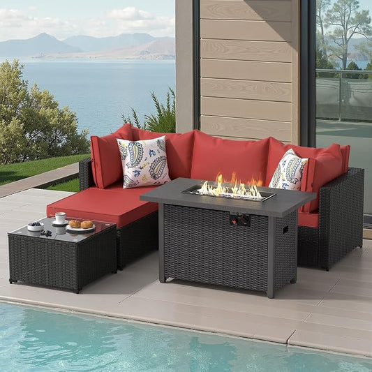 Patio Furniture Set, 6PCS Patio Sectional w/ Fire Pit Tabel Ottoman Wicker Rattan Outdoor Furniture with Thickened Cushion Modular Wicker Patio Conversation Set with Glass Top Table for Balcony(Red)