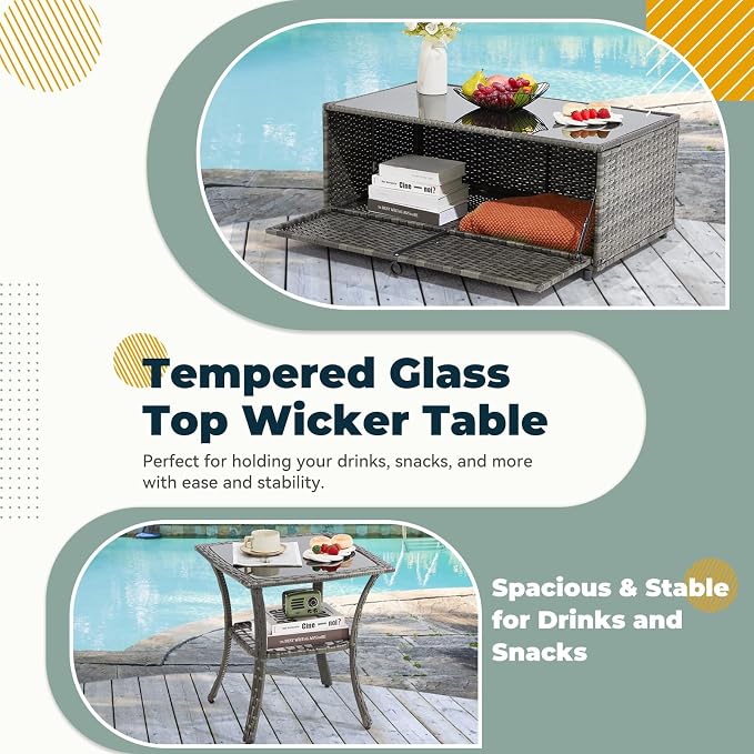 7 Pieces Outdoor Patio Furniture Set with Swivel Chairs, Outdoor Conversation Wicker Patio Furniture for Porch Deck Bistro Lawn Garden Backyard Poolside-Grey