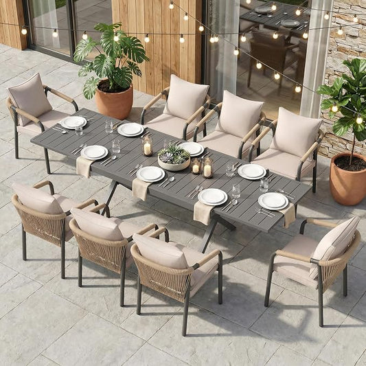 SUNSITT 9 Piece Outdoor Patio Dining Set, 65" - 107" Metal Expandable Outdoor Dining Table with X-Shape Legs, 8 Woven Wicker Patio Chairs w/Curved Backrest for Garden, Dark Grey