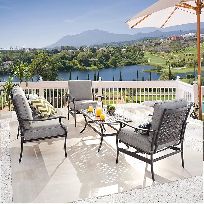 Patio Conversation Set 4 Pieces Cushioned Outdoor Furniture Sets with All Weather Frame Grey Cushion for Porch Backyard Lawn