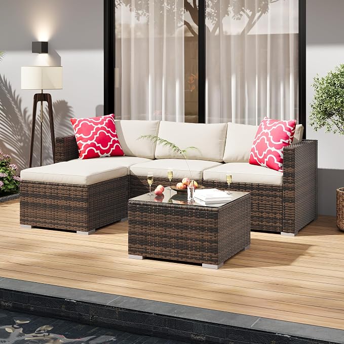 PeakPursuit Outdoor Patio Furniture Set, 5 Pieces Rattan Patio Conversation Sets with Glass Coffee Table and Cushion,All Weather Outdoor Patio Sofa for Garden, Poolside, Backyard,White