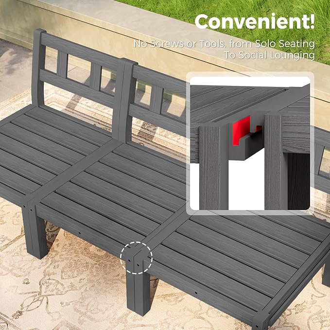 Modular Outdoor Patio Conversation Set, 6-Piece L-Shaped Sectional Sofa Set with Coffee Tables & Thick Cushions, Easy Side Interlock, HIPS All-Weather Patio Furniture Set for Backyard, Deck, Poolside