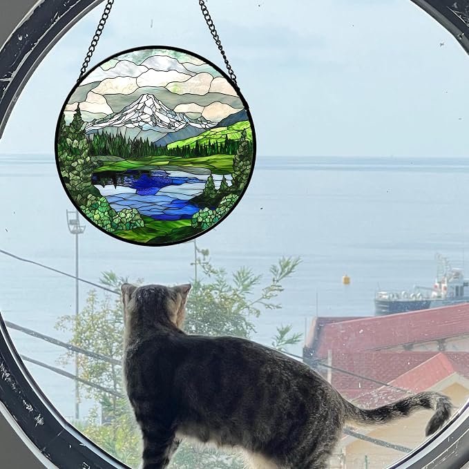 DASTOLL Stained Glass Window Hanging 4 Pcs Set Mountains Lake Green White Landscape 7.8" - Suncatcher Door Garden Sun Catcher Decor Birthday Christmas for Mom Woman Nana Men