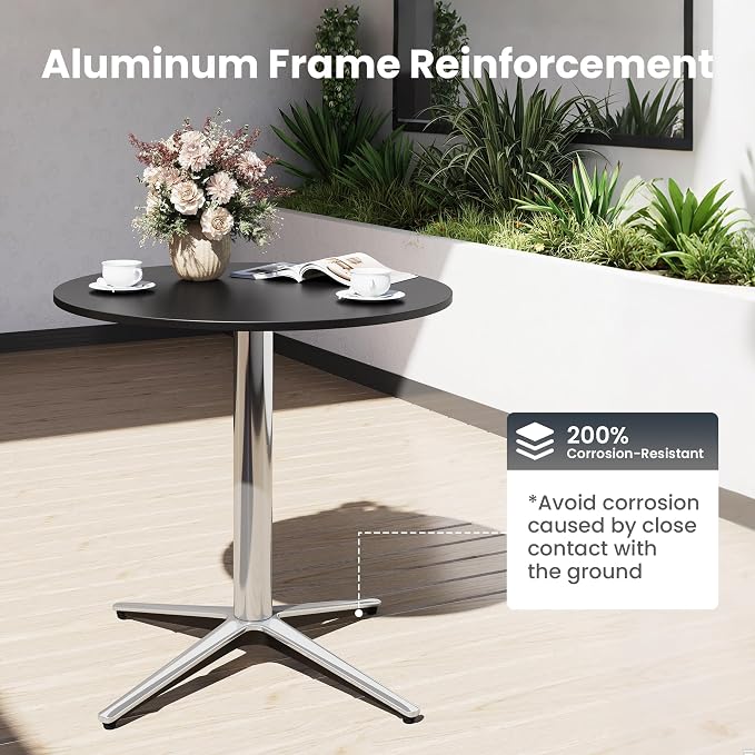 PHI VILLA Outdoor Patio Bistro Table, 30" Round Metal Pedestal Small Dining Table for 2-4, All-Weather Modern Table for Outside Deck, Yard, Porch, Balcony - Black