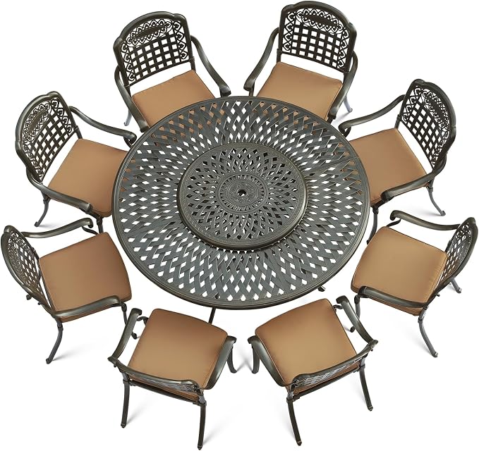 VIVIJASON 9-Piece Outdoor Furniture Dining Set, Rust-Free Cast Aluminum Patio Conversation Set, Include 8 Cushioned Chairs & 61" Round Dining Table with 31" Lazy Susan, Umbrella Hole, Khaki