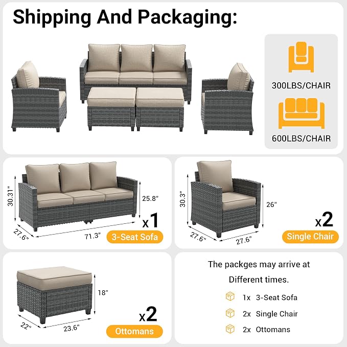Outdoor Furniture Set, 5 Pcs Wicker Patio Couch with Chairs, Ottomans and Thick Cushions, All Weather Wicker Rattan Patio Conversation Set,Khaki