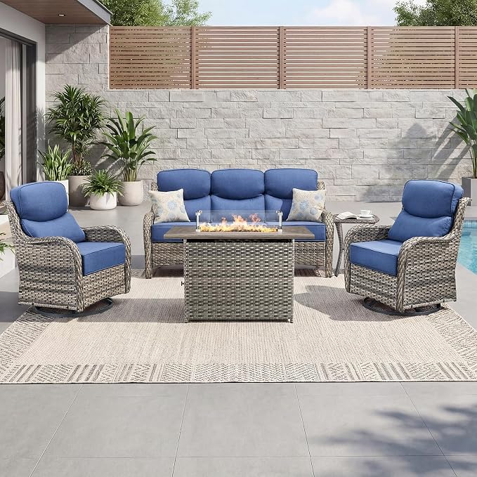 Luxury Patio Furniture Set with 6-inch Thick Cushion, Outdoor Furniture with Fire Pit Table, Swivel Chairs, Side Table, Sofa, 5pcs Wicker Conversation Set for Deck Yard Grey Wicker | Blue Cushion