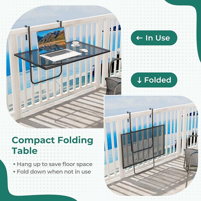 Tangkula Balcony Railing Table, Outdoor Folding Hanging Table with Metal Frame, Space-Saving Bar Serving Table Fits Railings Up to 2.4” Thick for Patio, Porch, Deck
