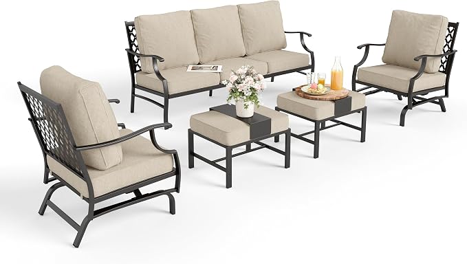 MIXPATIO Patio Furniture Set 5 pcs, Outdoor Patio Furniture Set, 3-Seat Sofa, 2 Rocking Chairs, 2 Ottomans and 5.75" Extra Thick Cushion, Patio Conversation Set for Backyard Deck,Beige