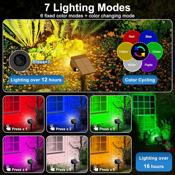 Tadyreal Solar Color Changing Spot Lights Outdoor Waterproof Colored RGB Solar Powered Landscape Lights for Yard 7 Lighting Modes Multicolor Solar Spotlights for Pathway Garden Outside (10 Pack)
