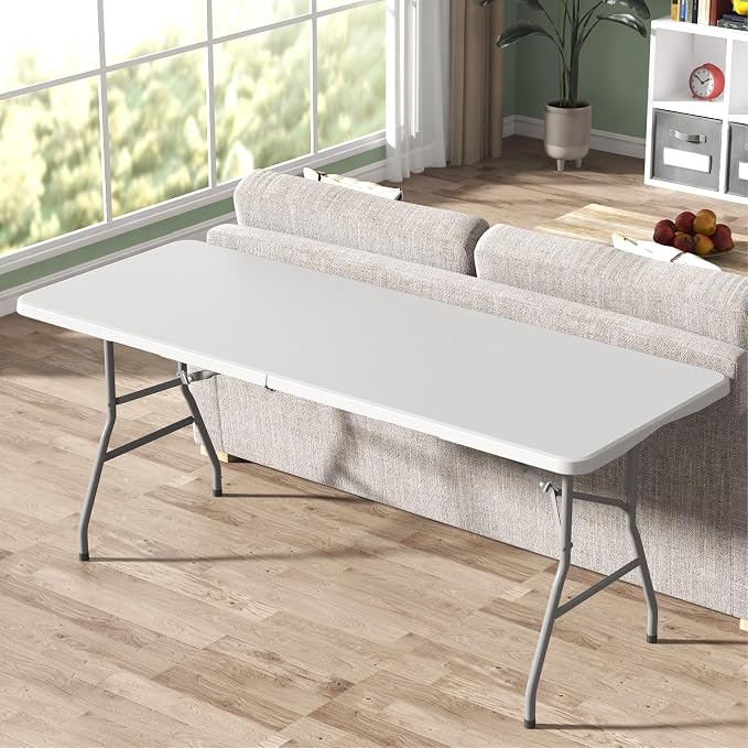 8PK Folding Table, 6FT Portable Plastic Folding Table, Foldable Dining Tables with Carrying Handle for Party, Picnic, Camping, Easy to Fold and Storage, for Indoor or Outdoor Use