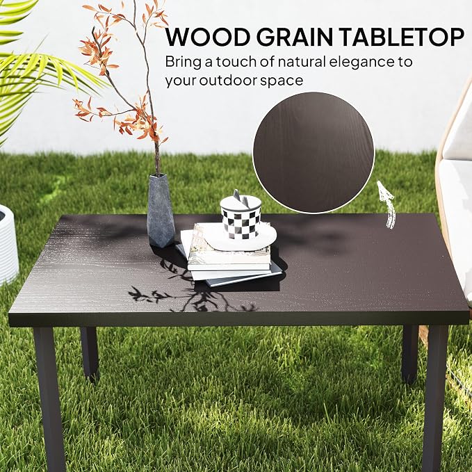 Outsunny Metal Garden Coffee Table, Rectangular Outdoor Side Table with Woodgrain Tabletop, Foot Pads for Outside, Garden, Balcony, Porch, 95 x 55 x 46cm, Brown