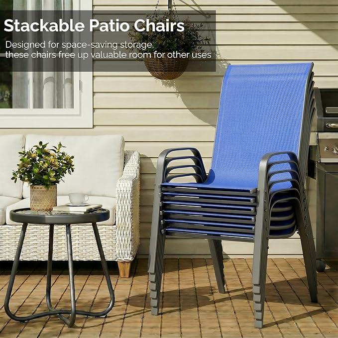 MAMIZO 7 Pieces Patio Dining Set for 6, Outdoor Table and Chairs w/Rectangle Glass Table and 6 Textilene Stackable Chairs, Patio Furniture Set w/1.69" Umbrella Hole (Grey Table & Navy Blue Chair)
