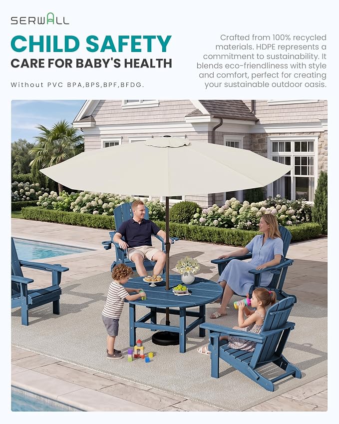 SERWALL 5-Piece Outdoor Furniture Set, Round Coffee Table with Umbrella Hole & Adirondack Chairs with Cup Holders, Blue