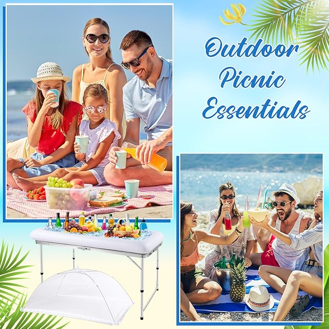 SiliFine Set of 3 Pool Party Supplies 4 Foot Folding Ice Table Cooler Table Outdoor Mesh Food Covers Food Tent Inflatable Serving Bars Food Trays for Party Buffet for BBQ Picnic Camping