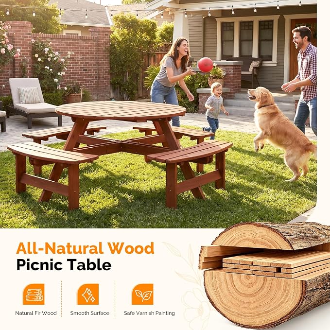 VINGLI 8-Person Wood Picnic Table Outdoor Round Picnic Table with Umbrella Hole and 4 Built-in Benches, Outdoor Dining Tables and Chairs 500 LBS Bench Capacity (Brown, Round)