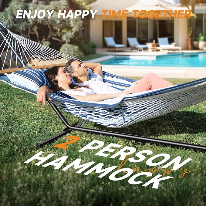 Everyfun 2 Person Hammock with Stand, Heavy Duty Double Cotton Rope Hammock with Removable Quilted Pad & Pillow, 500 LBS Adjustable Steel Frame, Tool-Free, Carry Bag for Outside Patio Yard, Blue