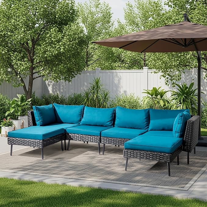 VINGLI 6-Piece Patio Furniture Set, All-Weather Wicker Outdoor Sectional Sofa with Thick Cushions, Hand-Woven Rattan Conversation Set for Garden & Backyard (Black)