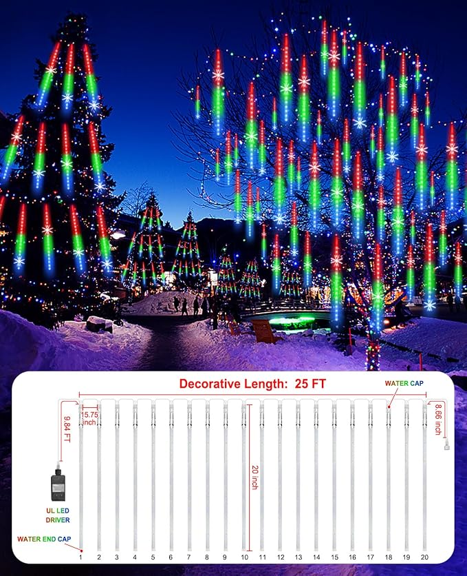 Meteor Shower Lights UL Certified 1080 LEDs 20 Tubes Falling Rain Drop Ramadan Lights Cascading Lights for Xmas Tree Halloween Decorations Wedding Party Holiday Garden Decor, Multicolor