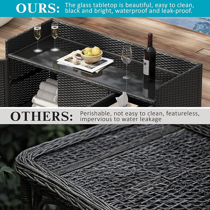 RuiSiSi Wicker Bar Table with Drawer & Adjustable Shelf for Outdoor, Rattan Buffet Cabinet Sideboard with Tempered Glass Desktop, Patio Rattan Bar Table with 3 Doors, Black Brown