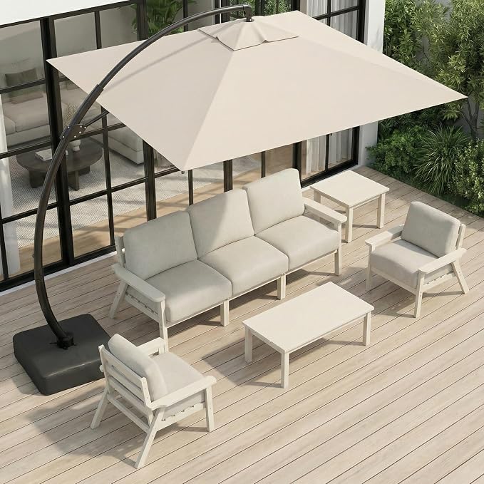 HDPE Patio Furniture Set 5 Seats with Cantilever Umbrella, Outdoor Couch with Washable Thick Beige Cushions & Tables, Outdoor Sectional Furniture for Deck, Lawn, Porch (White Frame)