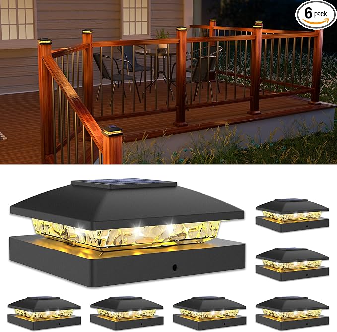 VOLISUN 4x4 Solar Post Cap Light 6pack,Solar Fence - Post Lights Outdoor Waterproof for Wooden/Vinyl Post,Black Deck Post Cap Light Solar Powered with Warm White for Garden/Patio/Porch