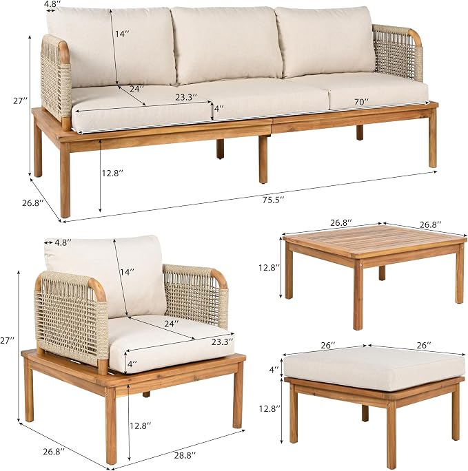 JIVOIT 5-Piece Acacia Wood and Rope Patio Sofa Set, Outdoor Conversation Set with Acacia Wood Coffee Table and Ottoman, 2 Club Chair for Backyard Porch Garden Balcony
