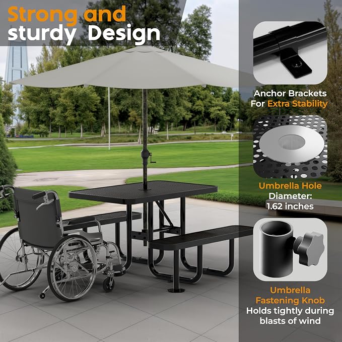 Commercial Heavy-Duty Metal Picnic Table - ADA Compliant, Adjustable Seats, Umbrella Hole (Black, 4' Rectangular, Punched Steel)
