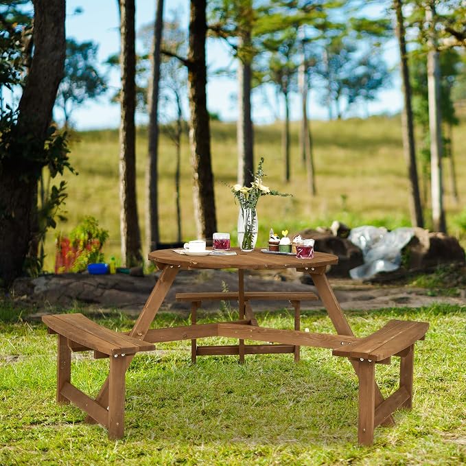Tangkula 6 Person Wooden Picnic Table, Outdoor Round Picnic Table with 3 Built-in Benches, 1.5 Inch Umbrella Hole, Outside Wood Table and Bench Set for Garden, Backyard, Porch (Dark Brown)