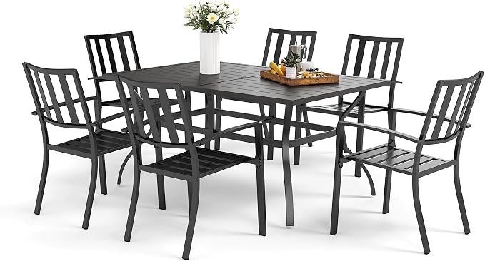 MFSTUDIO 7 PCS Patio Dining Set, Metal Table w/Umbrella Hole&Metal Chairs | 7 Piece Metal Patio Furniture Set for Deck Backyard Poolside Garden