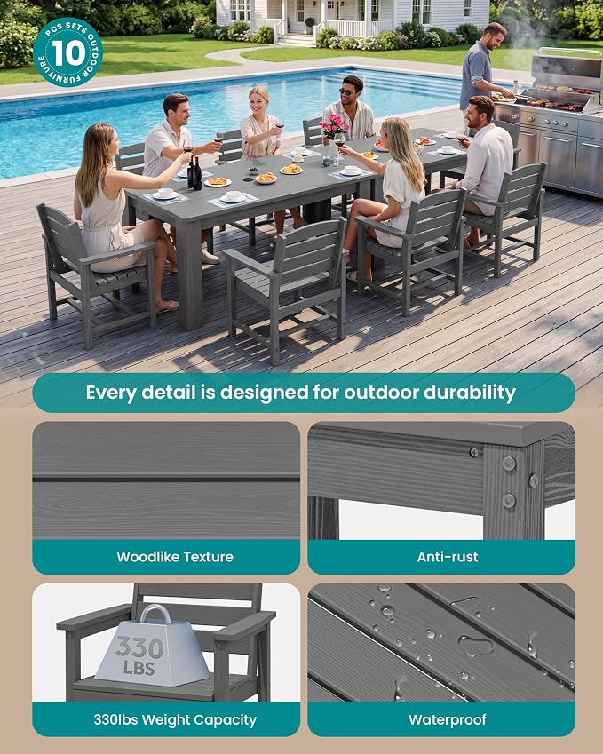 SERWALL Outdoor Dining Set for 8, w/ 2 Tables & 8 Armchairs, Gray | All Weather Resistant HDPE Dining Sets for Patio, Garden, Backyard