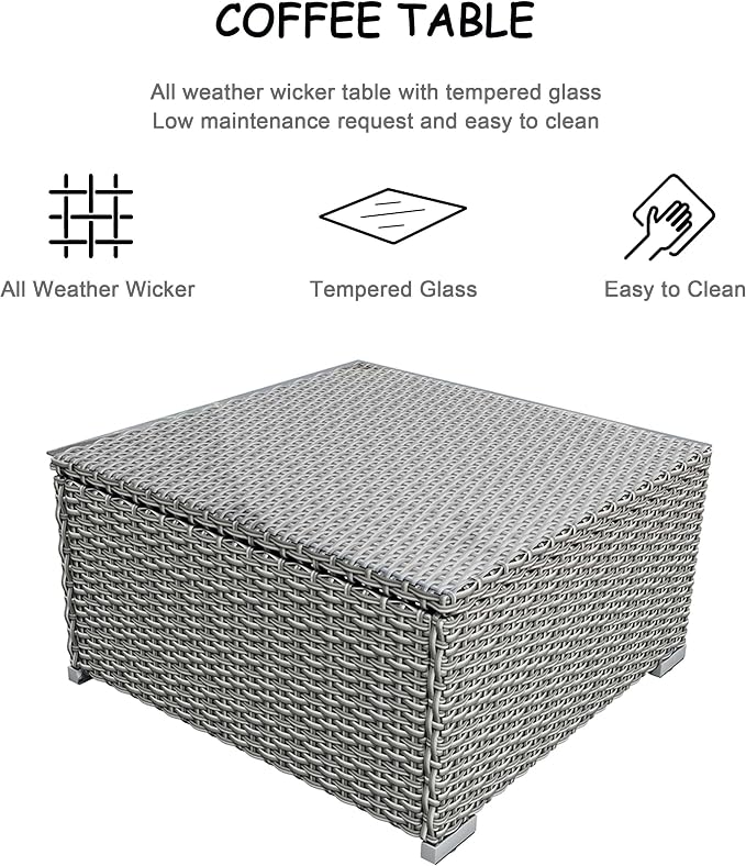 Suntone 3 Pieces Patio Furniture Sets Outdoor Sectional Patio Sofa All-Weather Grey Wicker Sofa Small Patio Conversation Set Patio Couch with Washable Black Cushion and Glass Table