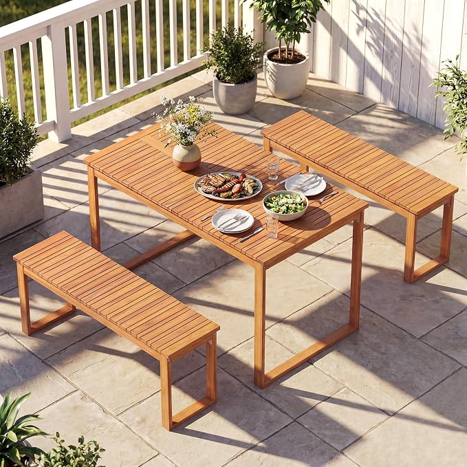 HAPPYGRILL Outdoor Acacia Wood Dining Table for 4-6, Rectangular Patio Table with Slatted Tabletop, Outside Rectangle Table for Garden, Balcony, Deck and Backyard