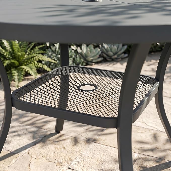 VICLLAX Metal Outdoor Dining Table for 4, All Weather 40.7" Black Round Patio Table with Adjustable Umbrella Hole for Lawn, Garden, Balcony and Poolsides, GreyTabletop