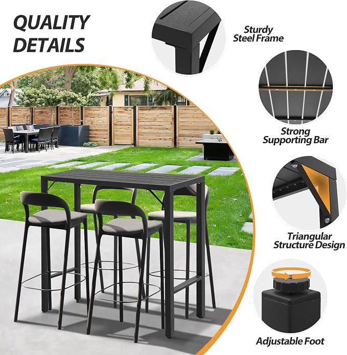 Outdoor Bar Table, 39” Patio Bar Height Table, Bar Counter Pub Dining Table with Waterproof Top for Balcony, Garden, Yard, Poolside (Black)