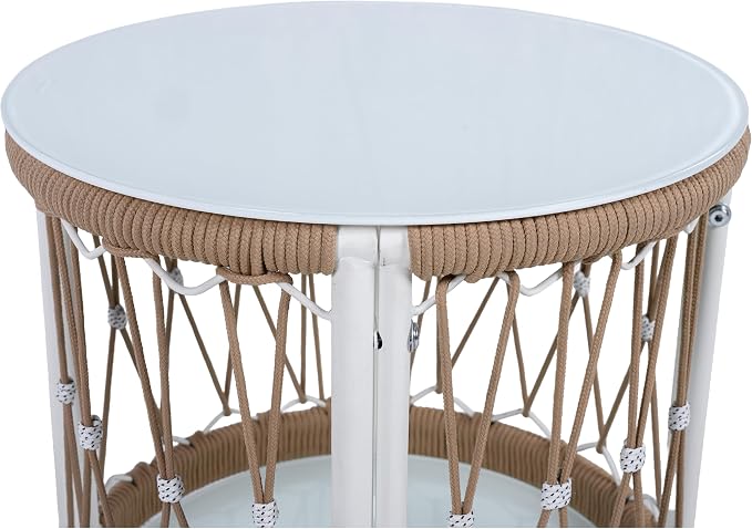 IRONORA 2-Tier PE Wicker Round Patio Side Table, Outdoor Rattan End Table with White Metal Frame & Tempered Glass Storage Shelf, Weather Resistant Accent Table for Balcony Backyard Porch