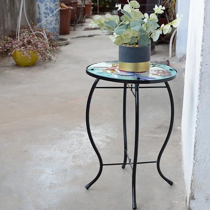 Dragonfly Patio Side Table, Small Patio Outdoor Side Table, Plant Table,Metal Glass End Table for Porch Garden Yard Pool.