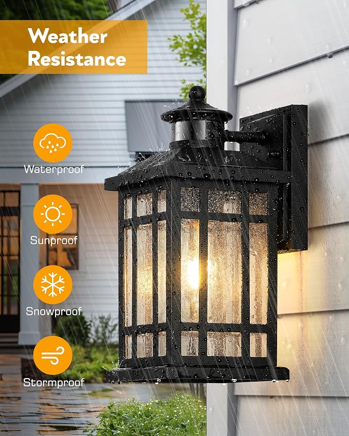 Motion Sensor Outdoor Wall Light, Adjustable Sensing Range Outside Lights for House, Black Dawn to Dusk Sconce Lights for Patio, Anti-Rust Waterproof Porch Lantern Wall Mount with Bubble Glass
