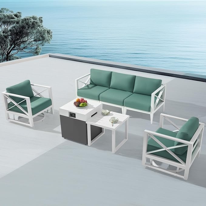 7-Piece Aluminum Patio Furniture Set with Fire Pit Table, Swivel Rocking Chairs & Oversized Sofa, All-Weather Outdoor Conversation Set for Backyard, Deck, Balcony – White