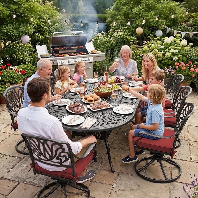 VIVIJASON 9-Piece Patio Furniture Dining Set, All-Weather Cast Aluminum Outdoor Conversation Set, Include 8 Swivel Dining Chairs and an Oval Table with Umbrella Hole for Garden Backyard, Red Cushion