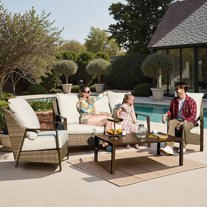 Outdoor Patio Furniture - 2 Pcs Armchairs, All-Weather Wicker Outdoor Conversation Set with 4.72" Thick Olefin Cushions for Deck, Porch, Balcony, Backyard, Beige