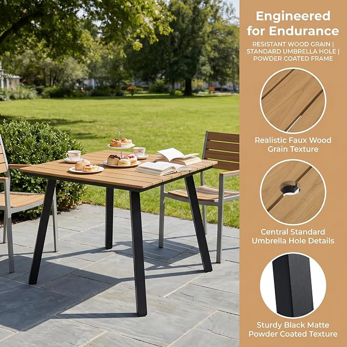 35" Square Patio Dining Table, with Umbrella Hole, Heavy Duty Iron Frame and WPC Top, All-Weather Outdoor Patio Table for Backyard, Garden and Outdoor Dining